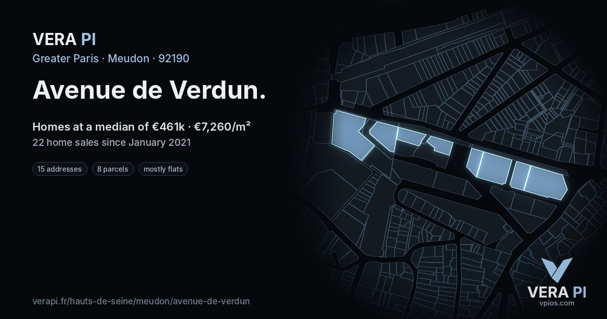 Avenue de Verdun, Meudon at night – every parcel coloured by the prices around it, the street's own parcels lit
