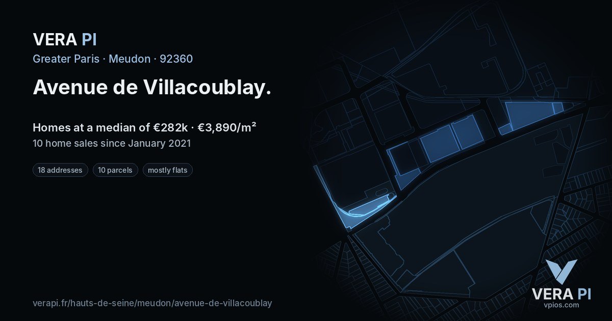 Avenue de Villacoublay, Meudon at night – every parcel coloured by the prices around it, the street's own parcels lit