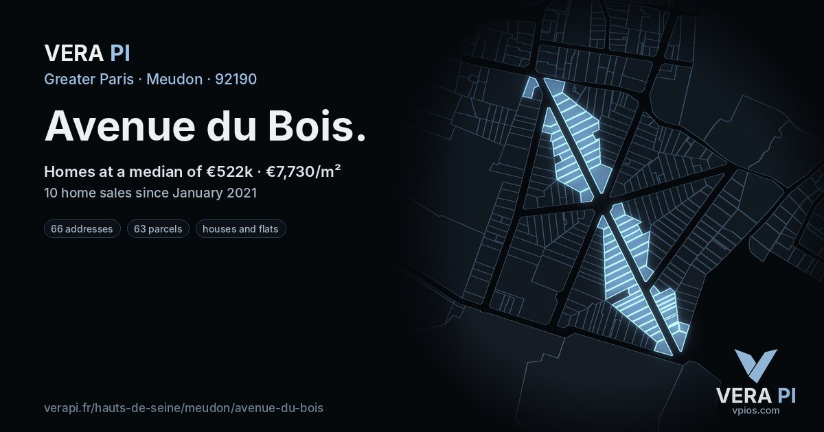 Avenue du Bois, Meudon at night – every parcel coloured by the prices around it, the street's own parcels lit
