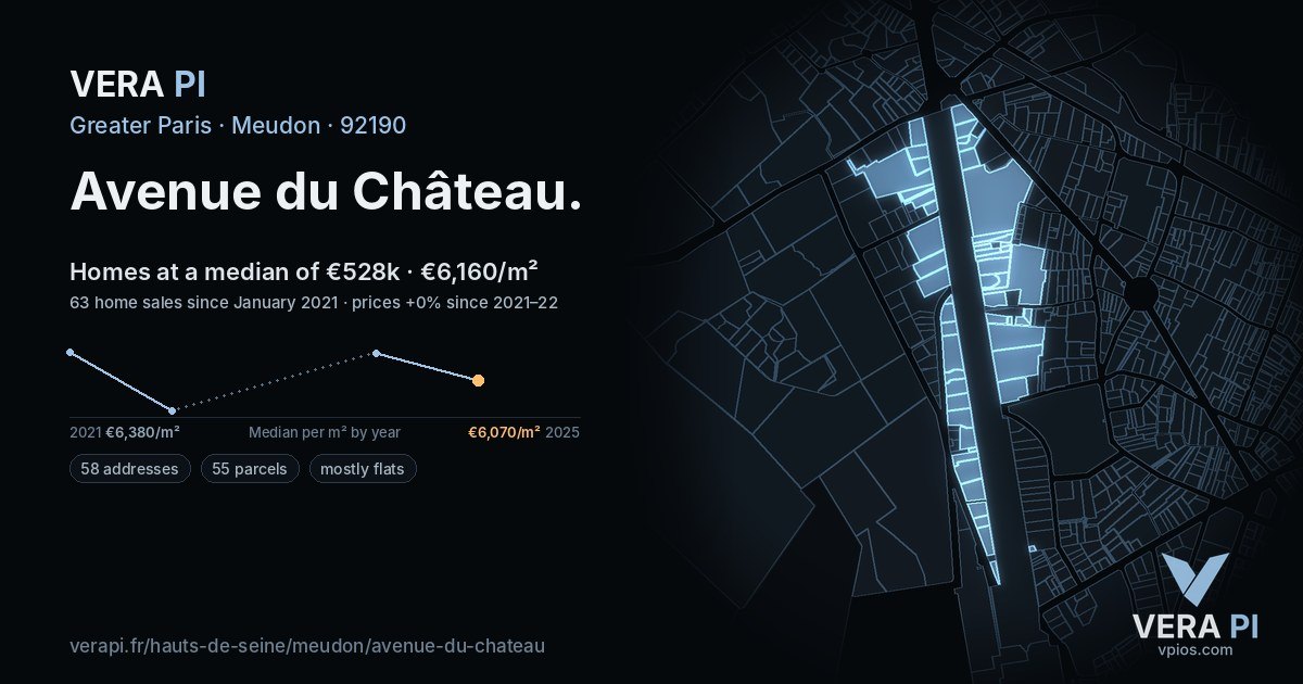 Avenue du Château, Meudon at night – every parcel coloured by the prices around it, the street's own parcels lit