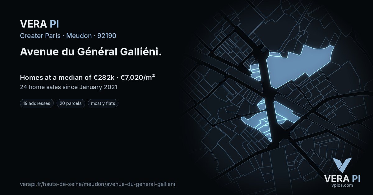 Avenue du Général Galliéni, Meudon at night – every parcel coloured by the prices around it, the street's own parcels lit