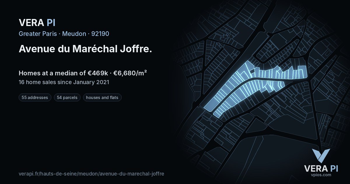 Avenue du Maréchal Joffre, Meudon at night – every parcel coloured by the prices around it, the street's own parcels lit