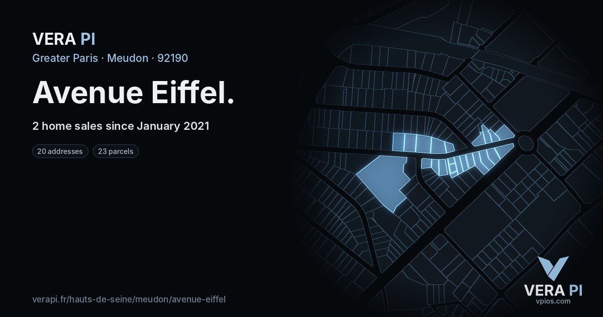 Avenue Eiffel, Meudon at night – every parcel coloured by the prices around it, the street's own parcels lit