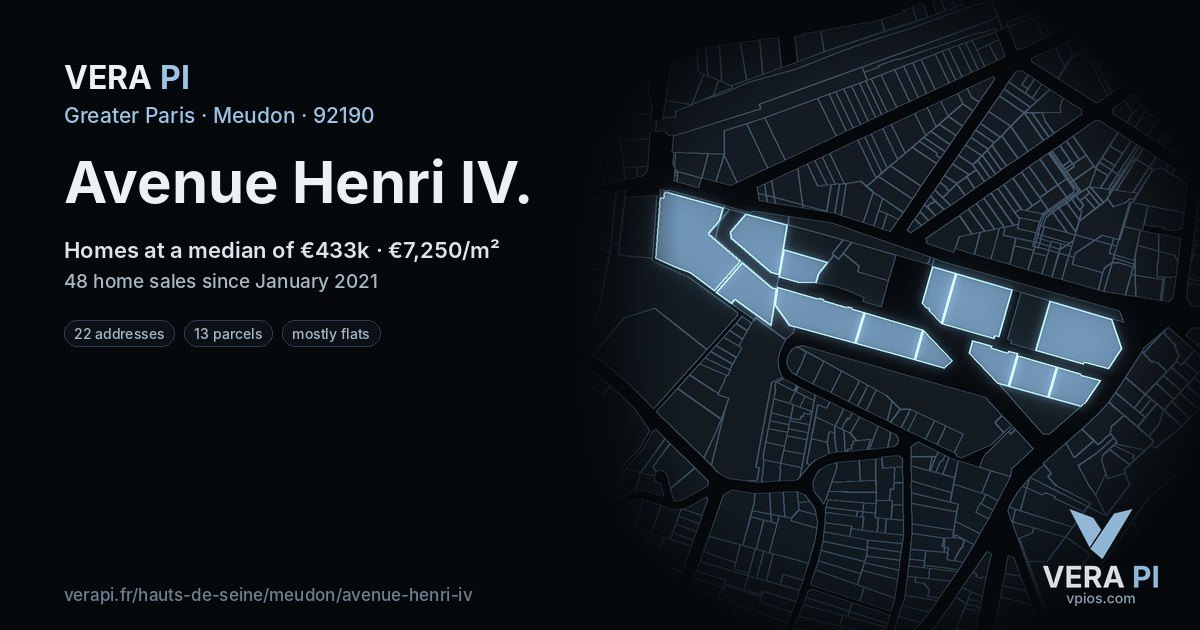Avenue Henri IV, Meudon at night – every parcel coloured by the prices around it, the street's own parcels lit