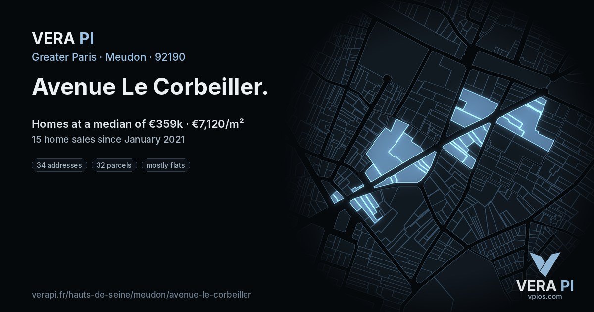 Avenue Le Corbeiller, Meudon at night – every parcel coloured by the prices around it, the street's own parcels lit