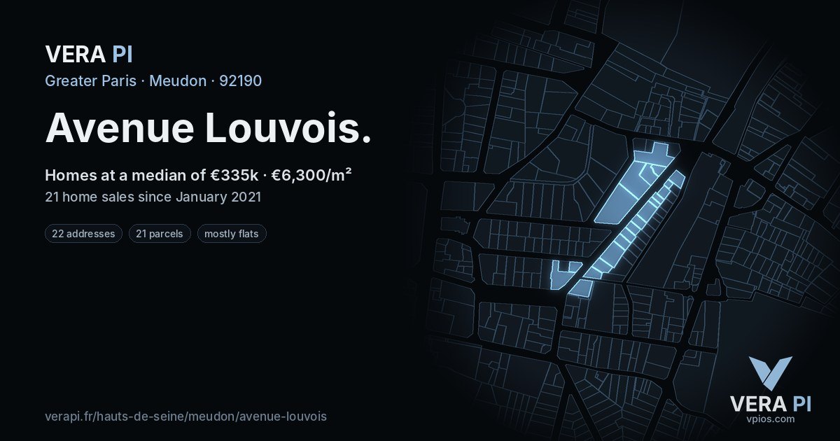 Avenue Louvois, Meudon at night – every parcel coloured by the prices around it, the street's own parcels lit