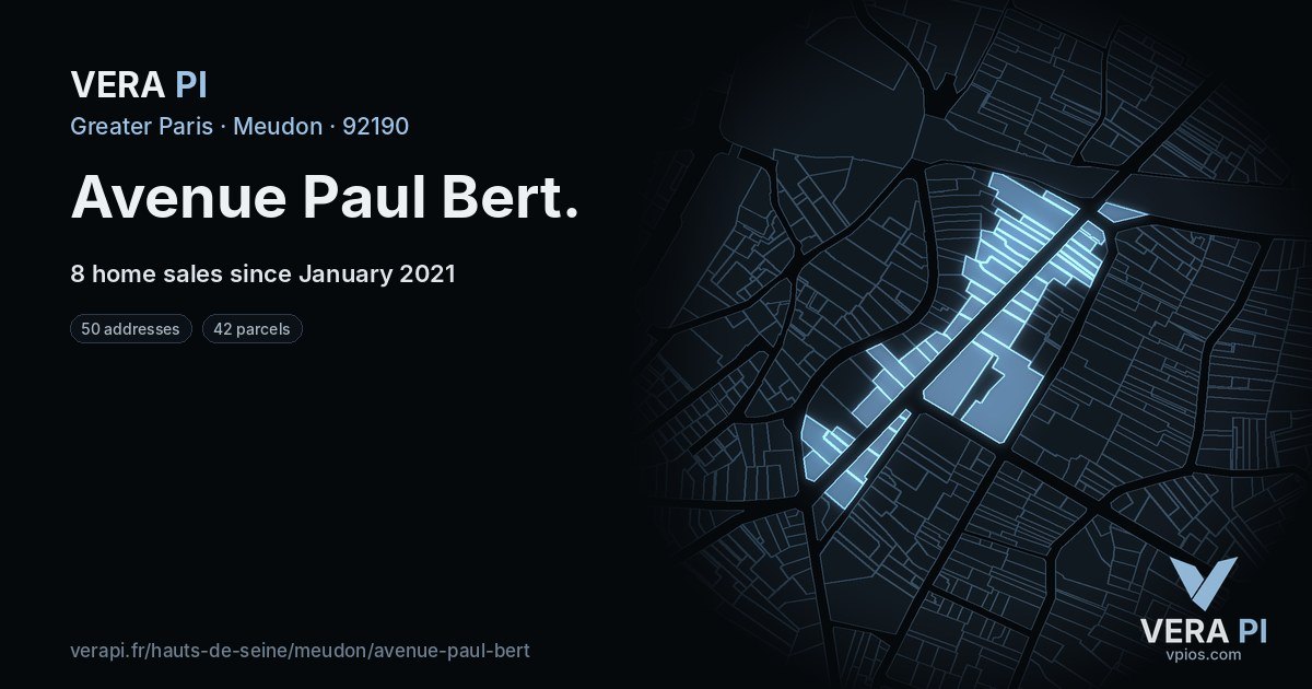 Avenue Paul Bert, Meudon at night – every parcel coloured by the prices around it, the street's own parcels lit