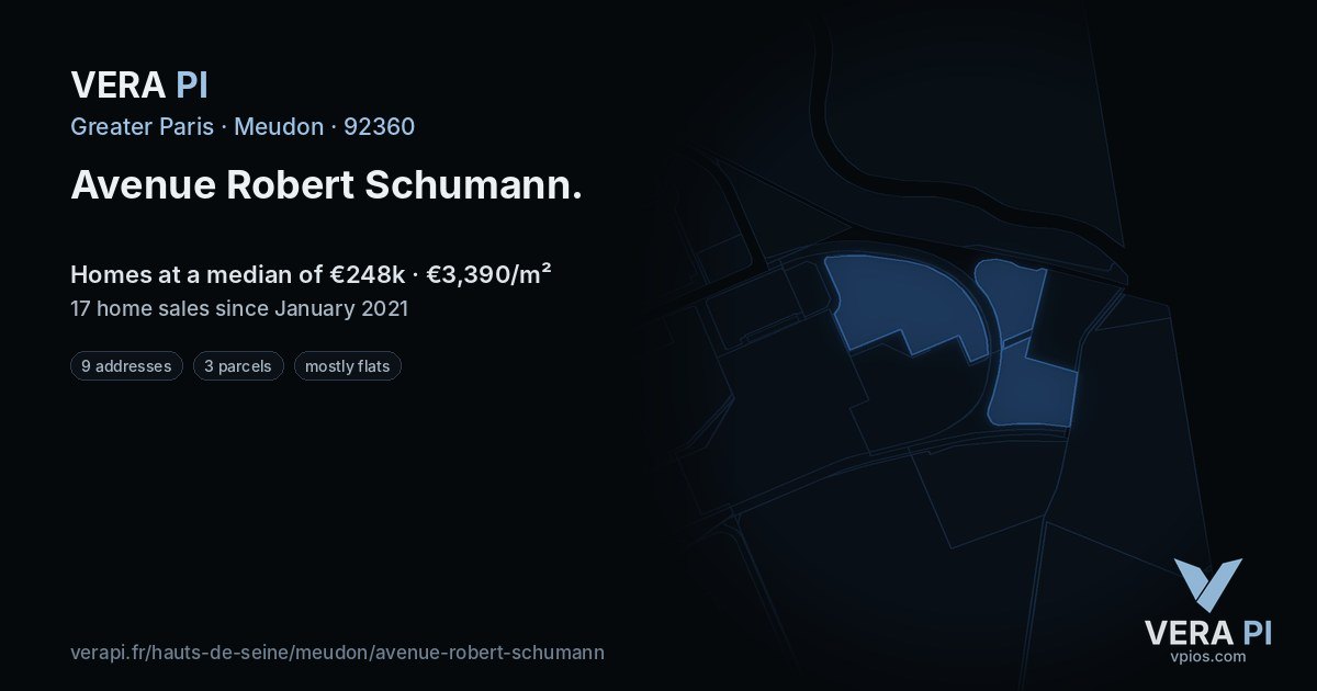 Avenue Robert Schumann, Meudon at night – every parcel coloured by the prices around it, the street's own parcels lit