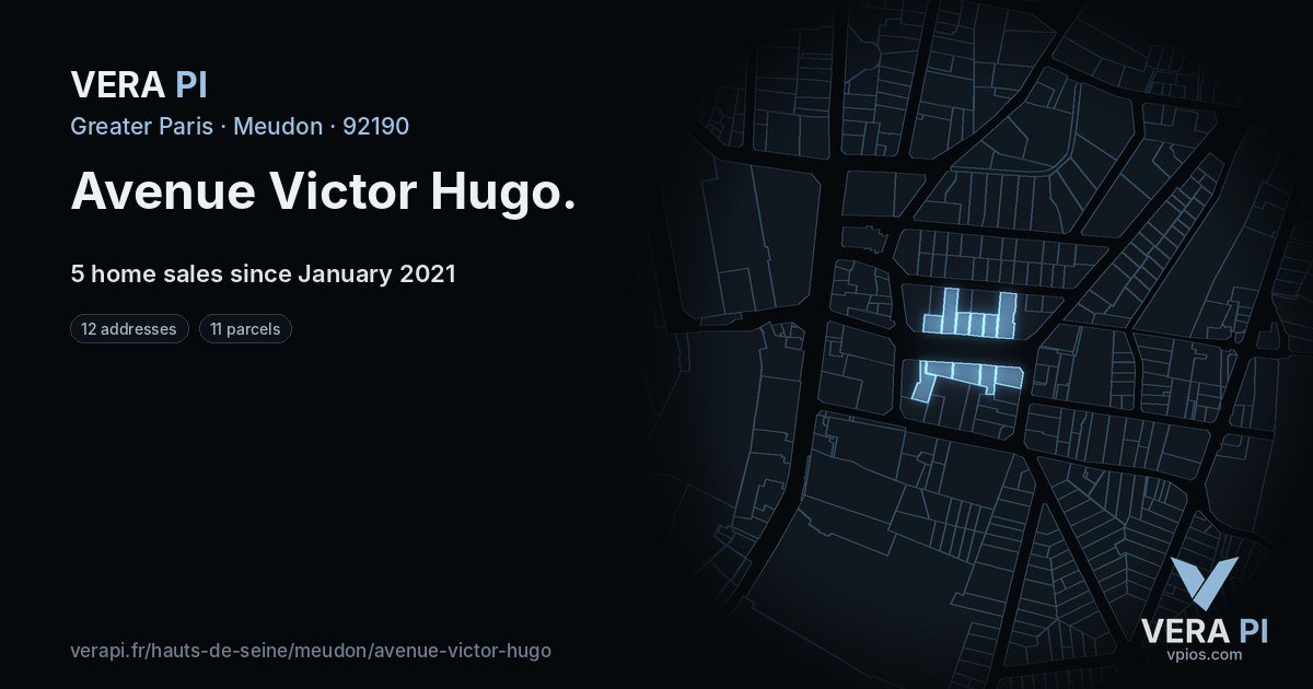 Avenue Victor Hugo, Meudon at night – every parcel coloured by the prices around it, the street's own parcels lit