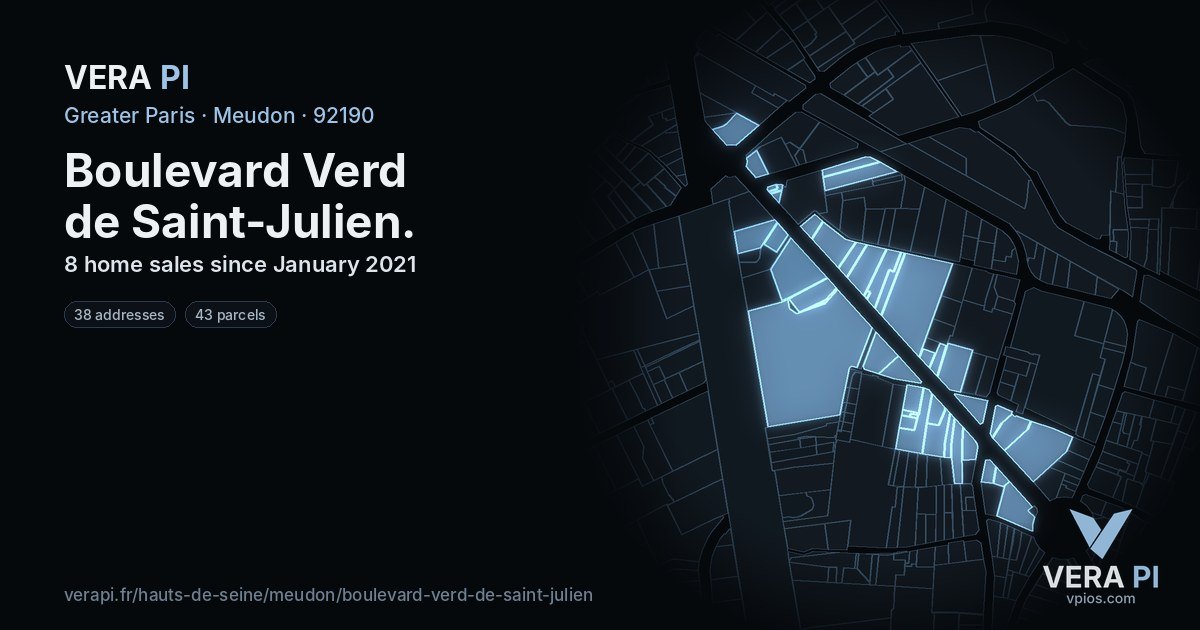 Boulevard Verd de Saint-Julien, Meudon at night – every parcel coloured by the prices around it, the street's own parcels lit