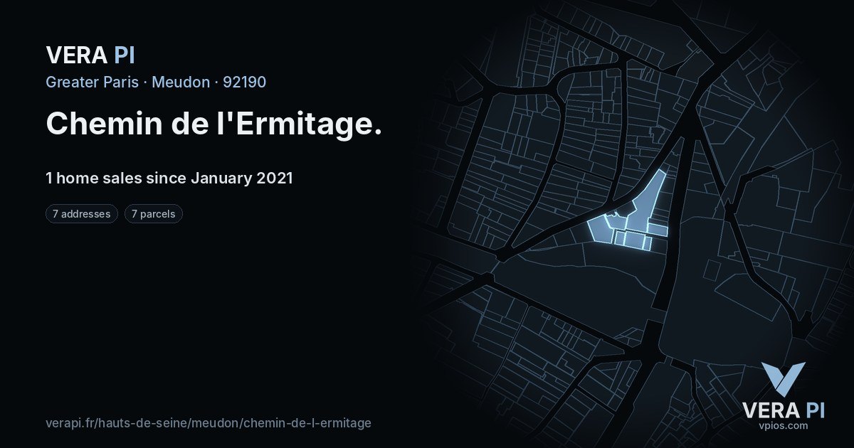 Chemin de l'Ermitage, Meudon at night – every parcel coloured by the prices around it, the street's own parcels lit