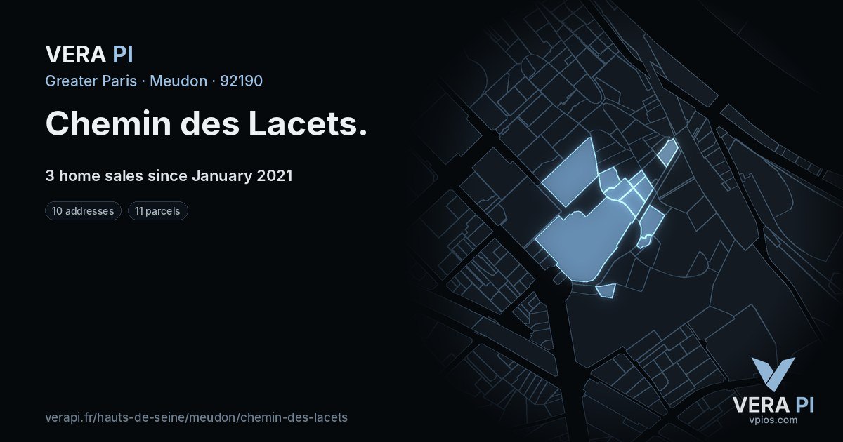 Chemin des Lacets, Meudon at night – every parcel coloured by the prices around it, the street's own parcels lit