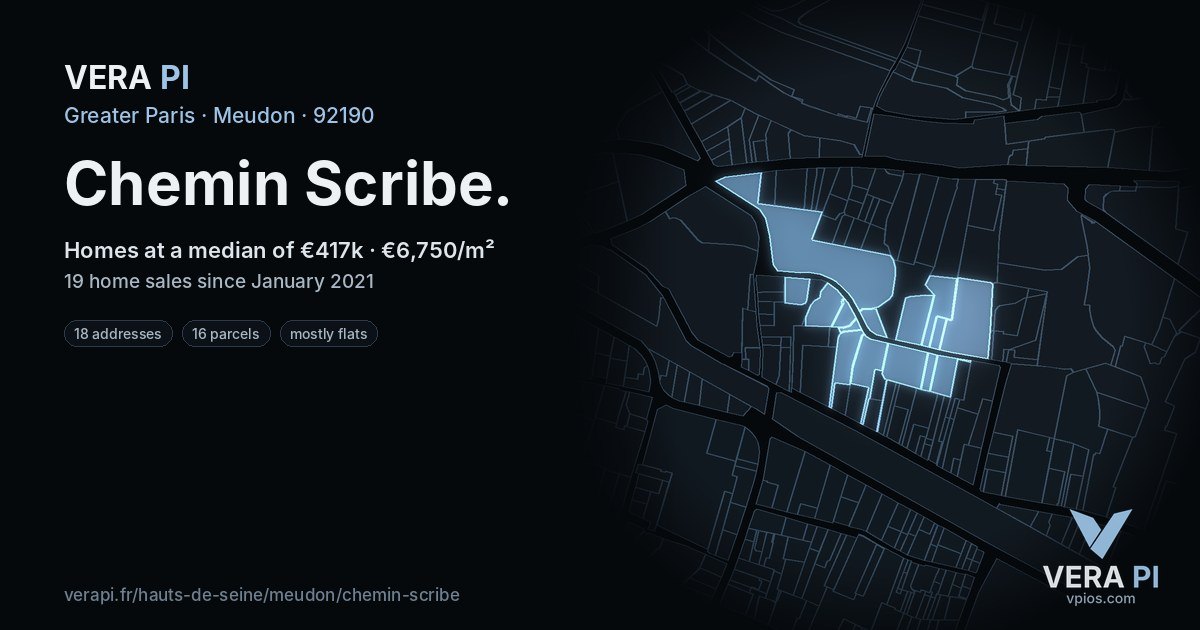 Chemin Scribe, Meudon at night – every parcel coloured by the prices around it, the street's own parcels lit