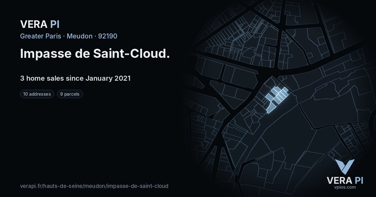 Impasse de Saint-Cloud, Meudon at night – every parcel coloured by the prices around it, the street's own parcels lit