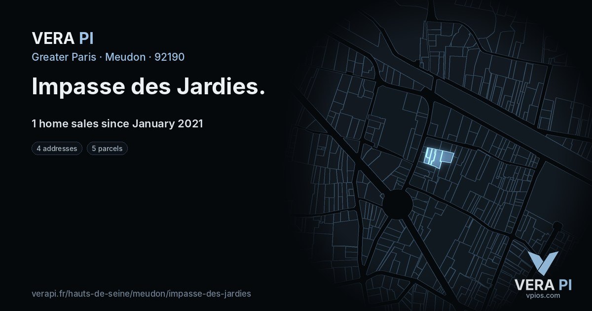 Impasse des Jardies, Meudon at night – every parcel coloured by the prices around it, the street's own parcels lit