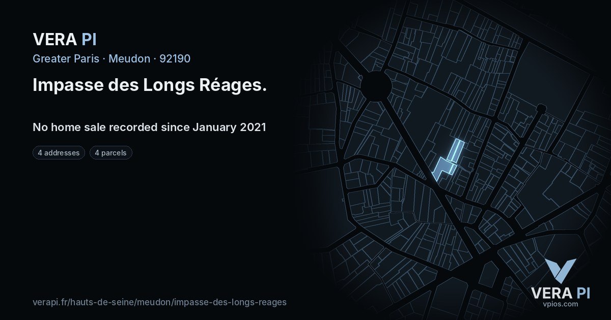 Impasse des Longs Réages, Meudon at night – every parcel coloured by the prices around it, the street's own parcels lit