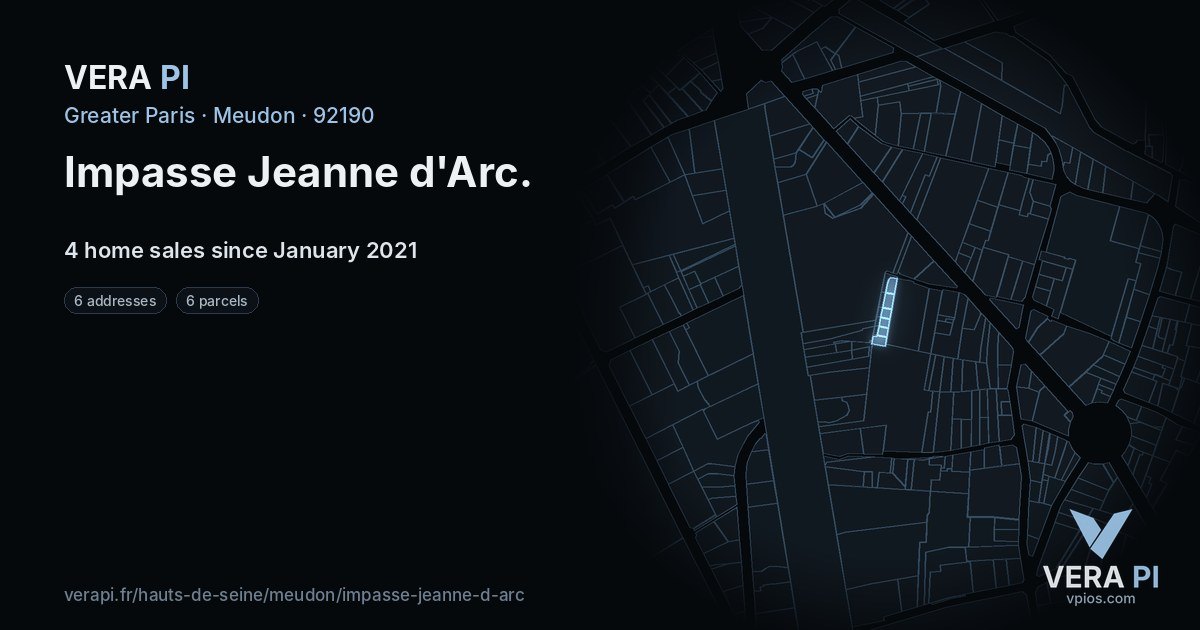 Impasse Jeanne d'Arc, Meudon at night – every parcel coloured by the prices around it, the street's own parcels lit
