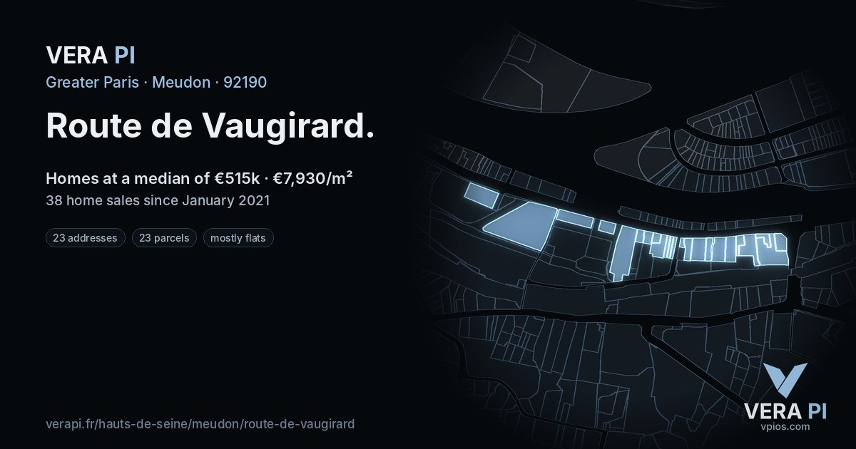 Route de Vaugirard, Meudon at night – every parcel coloured by the prices around it, the street's own parcels lit