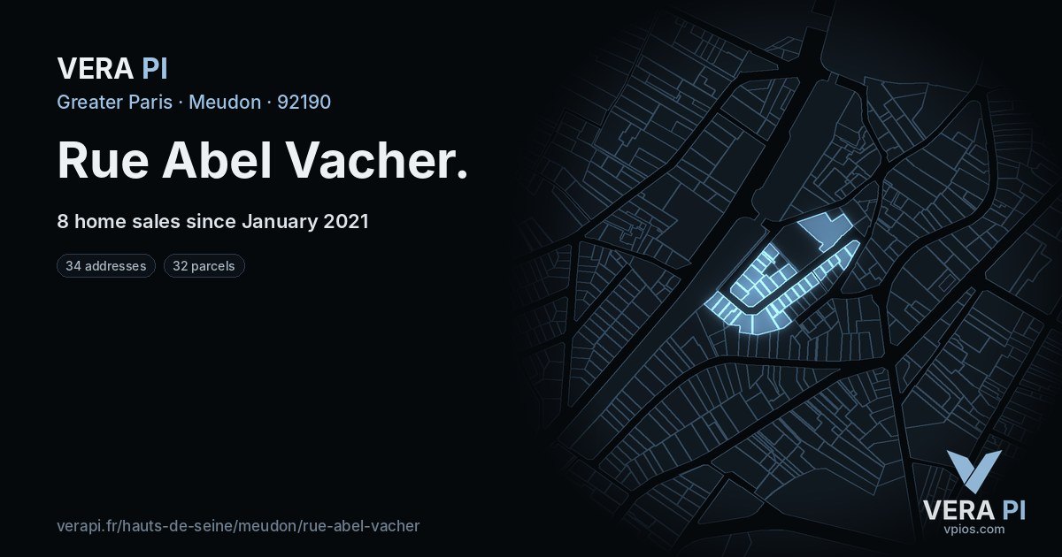 Rue Abel Vacher, Meudon at night – every parcel coloured by the prices around it, the street's own parcels lit