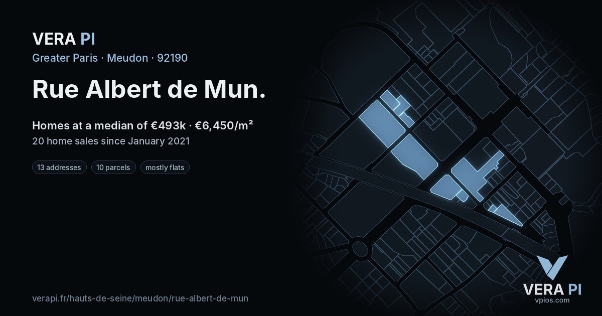 Rue Albert de Mun, Meudon at night – every parcel coloured by the prices around it, the street's own parcels lit