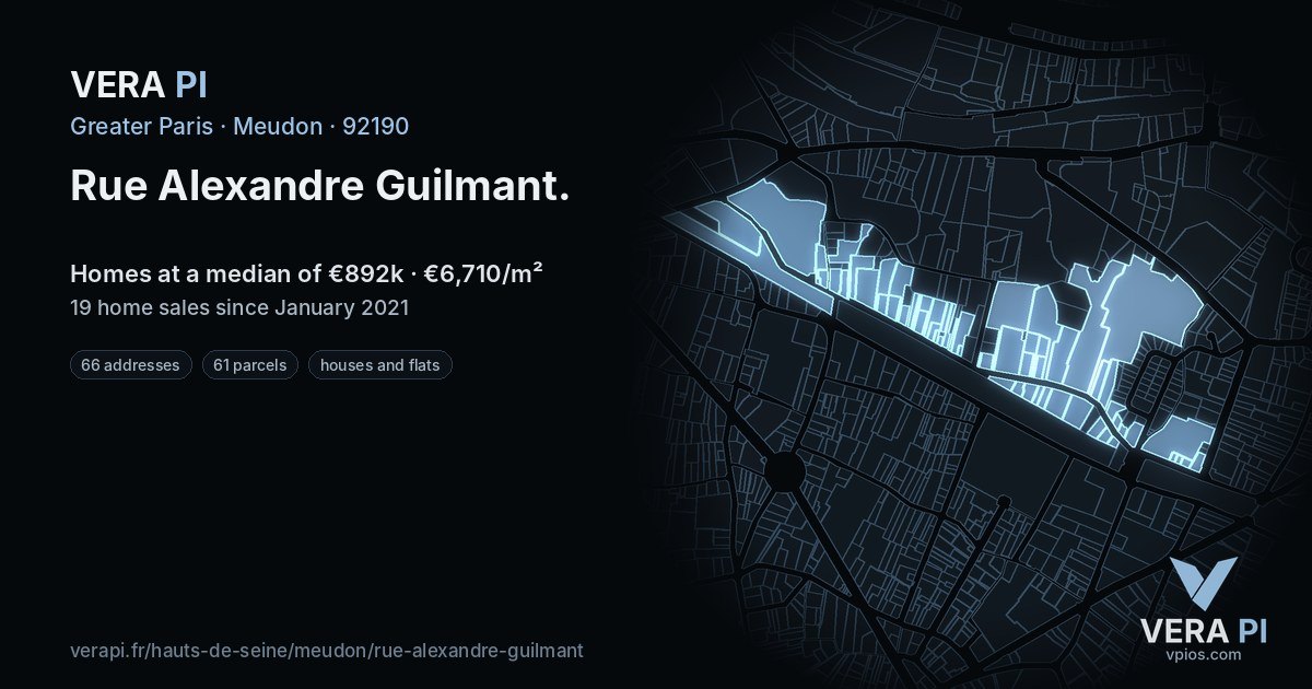 Rue Alexandre Guilmant, Meudon at night – every parcel coloured by the prices around it, the street's own parcels lit