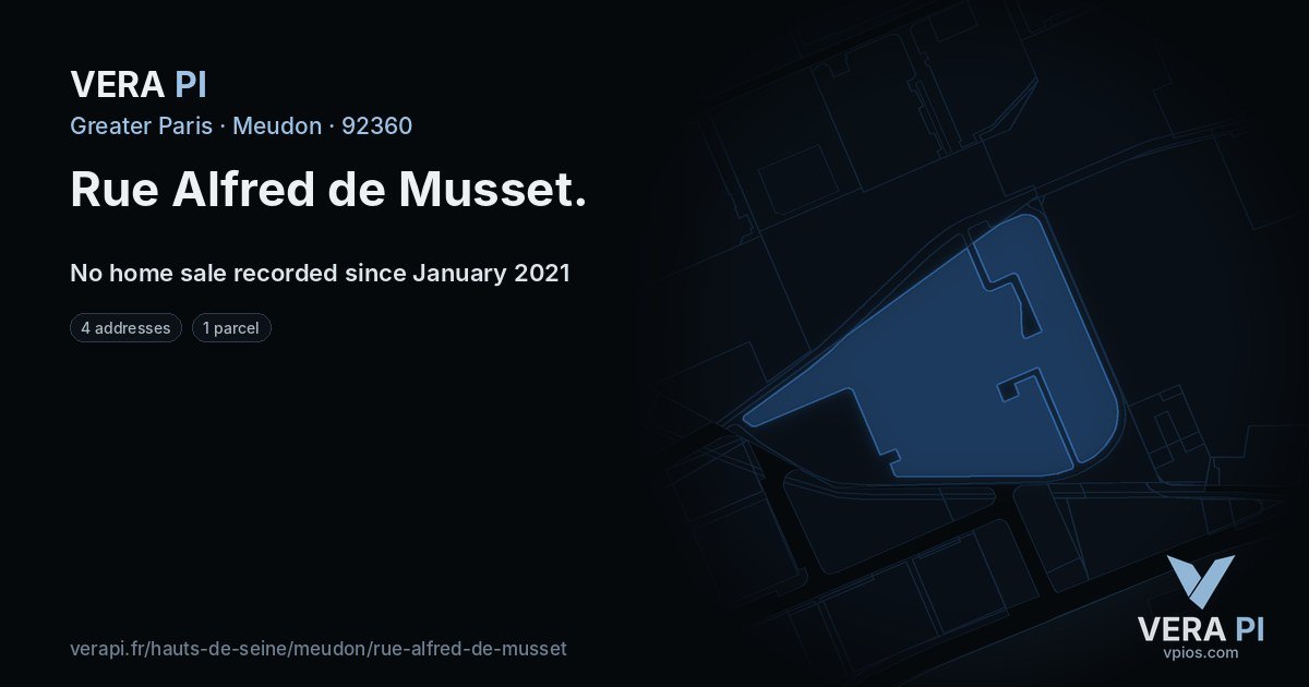 Rue Alfred de Musset, Meudon at night – every parcel coloured by the prices around it, the street's own parcels lit