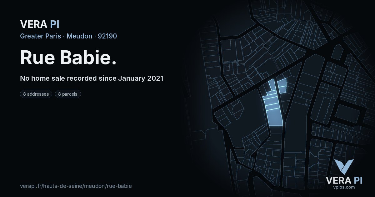 Rue Babie, Meudon at night – every parcel coloured by the prices around it, the street's own parcels lit