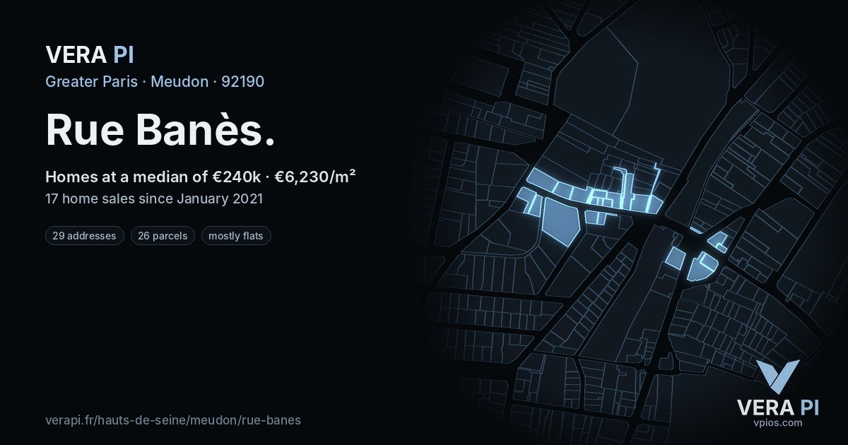 Rue Banès, Meudon at night – every parcel coloured by the prices around it, the street's own parcels lit