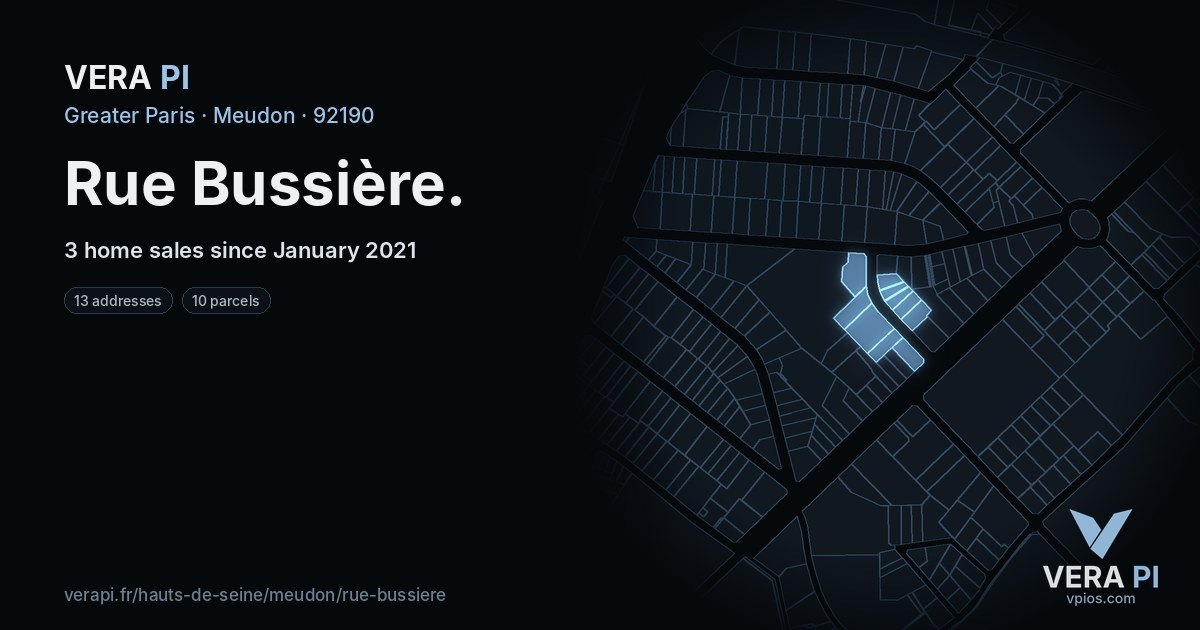 Rue Bussière, Meudon at night – every parcel coloured by the prices around it, the street's own parcels lit