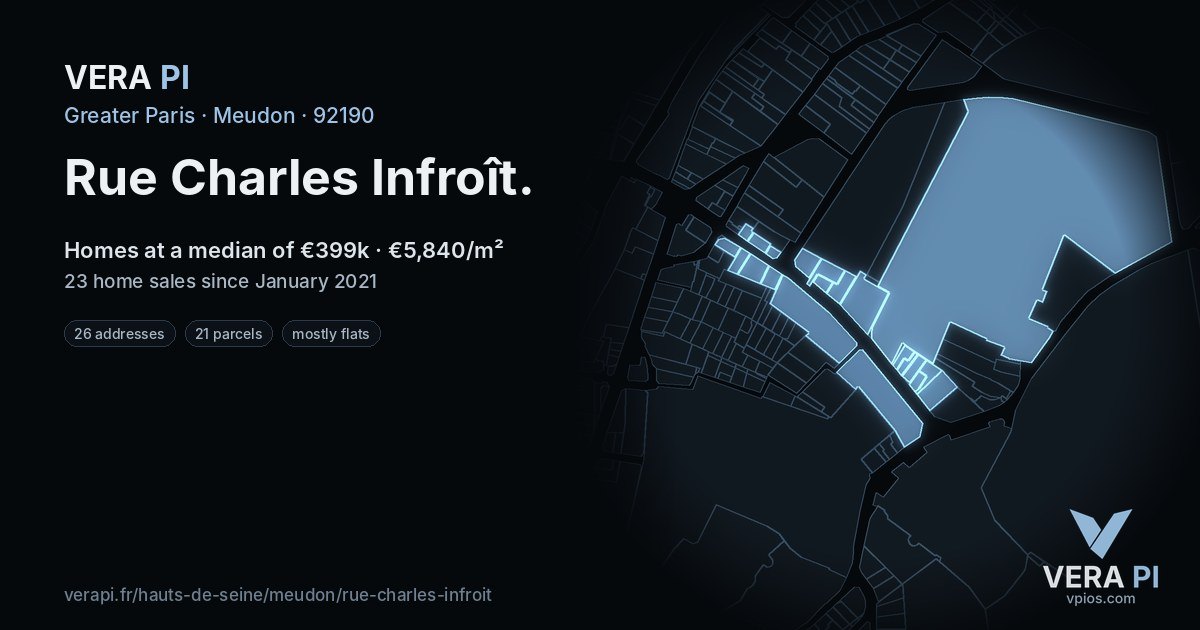 Rue Charles Infroît, Meudon at night – every parcel coloured by the prices around it, the street's own parcels lit