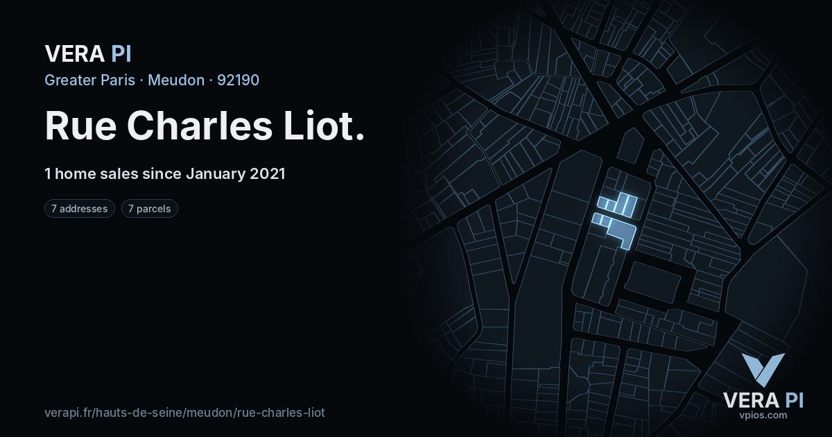 Rue Charles Liot, Meudon at night – every parcel coloured by the prices around it, the street's own parcels lit