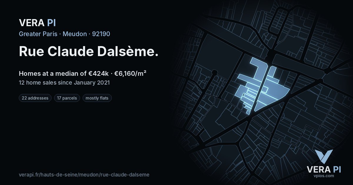 Rue Claude Dalsème, Meudon at night – every parcel coloured by the prices around it, the street's own parcels lit