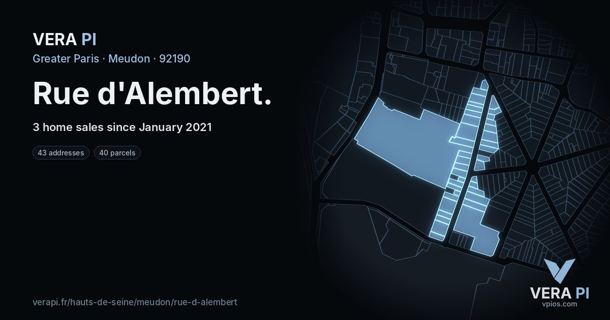 Rue d'Alembert, Meudon at night – every parcel coloured by the prices around it, the street's own parcels lit
