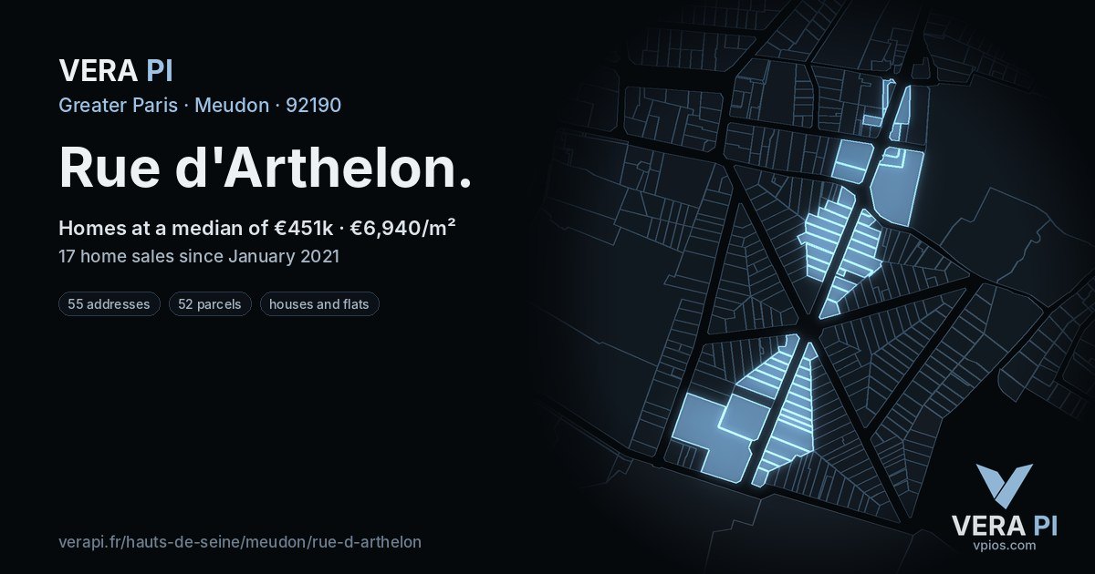 Rue d'Arthelon, Meudon at night – every parcel coloured by the prices around it, the street's own parcels lit