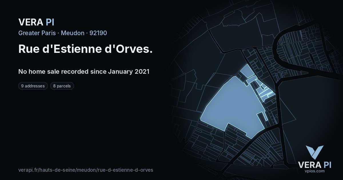 Rue d'Estienne d'Orves, Meudon at night – every parcel coloured by the prices around it, the street's own parcels lit