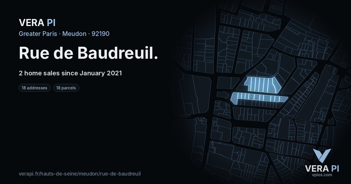 Rue de Baudreuil, Meudon at night – every parcel coloured by the prices around it, the street's own parcels lit