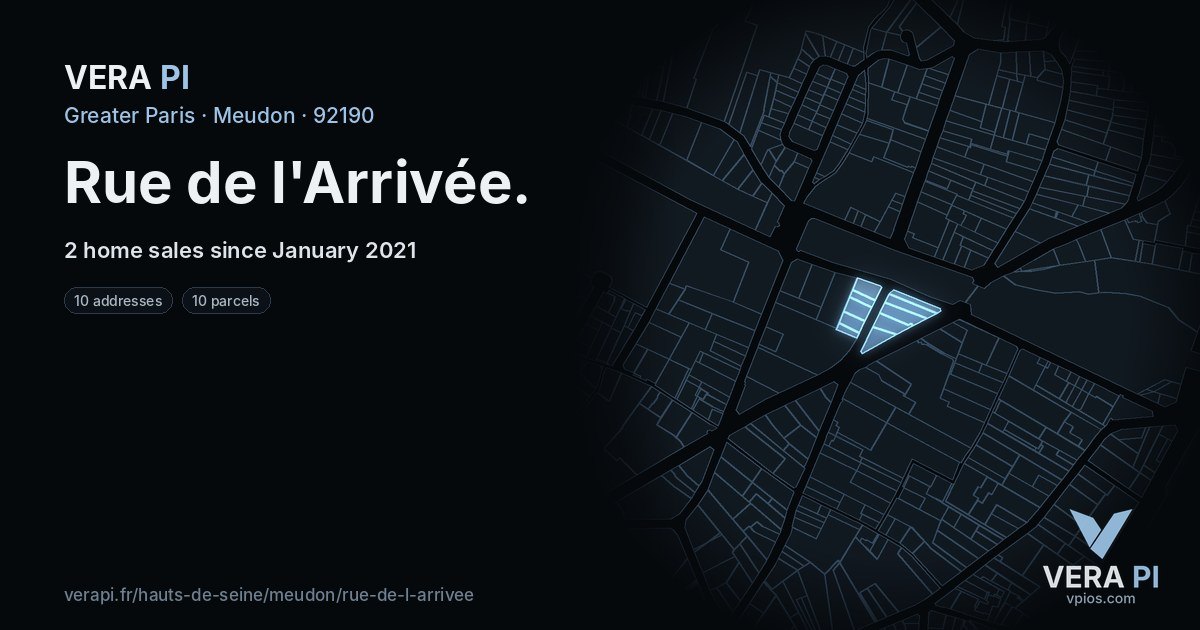 Rue de l'Arrivée, Meudon at night – every parcel coloured by the prices around it, the street's own parcels lit