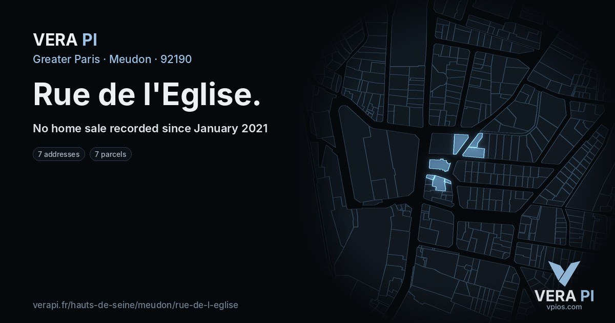 Rue de l'Eglise, Meudon at night – every parcel coloured by the prices around it, the street's own parcels lit