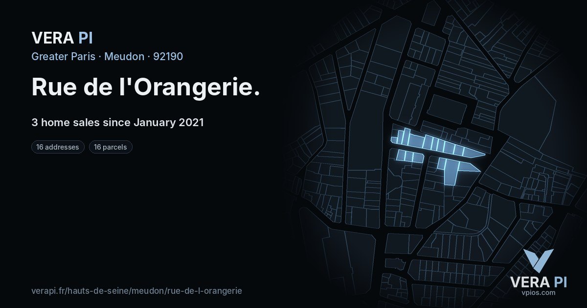 Rue de l'Orangerie, Meudon at night – every parcel coloured by the prices around it, the street's own parcels lit