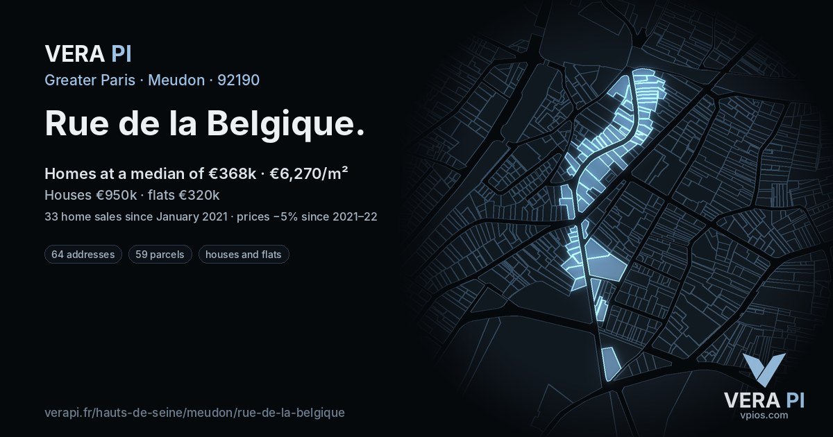 Rue de la Belgique, Meudon at night – every parcel coloured by the prices around it, the street's own parcels lit