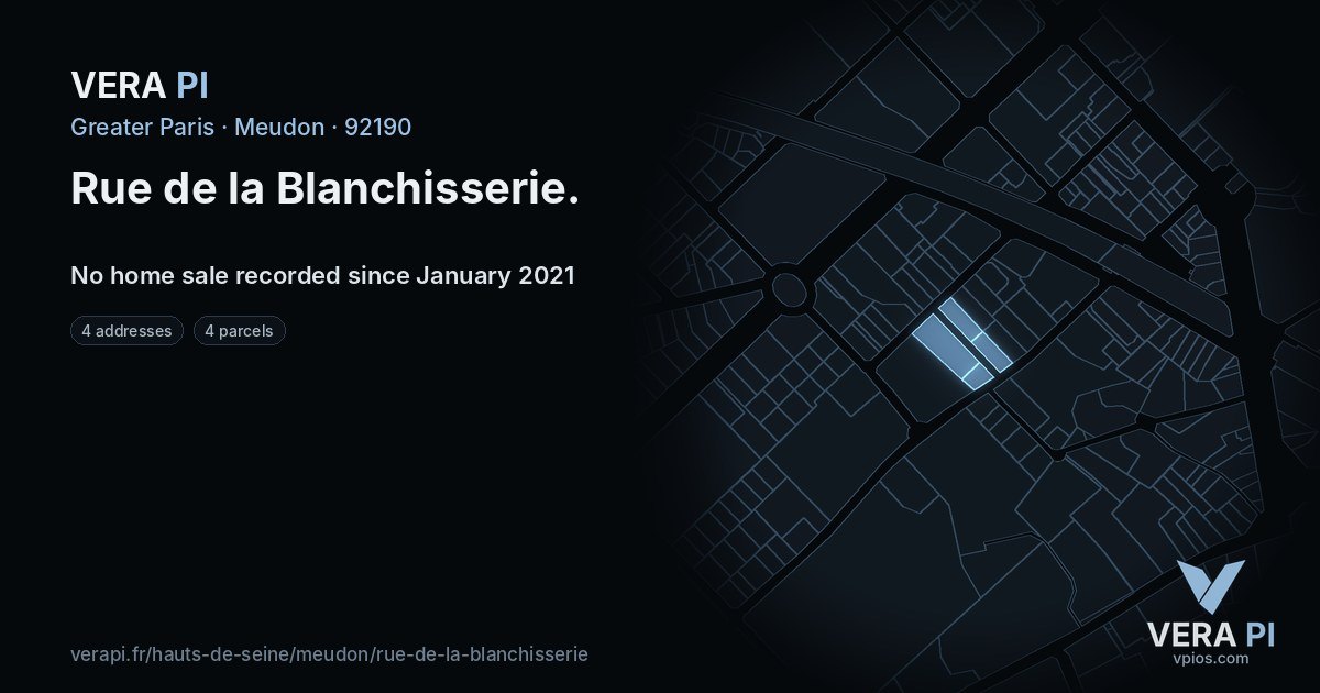 Rue de la Blanchisserie, Meudon at night – every parcel coloured by the prices around it, the street's own parcels lit
