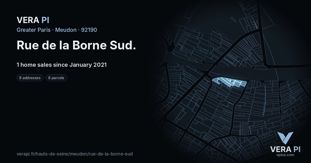 Rue de la Borne Sud, Meudon at night – every parcel coloured by the prices around it, the street's own parcels lit