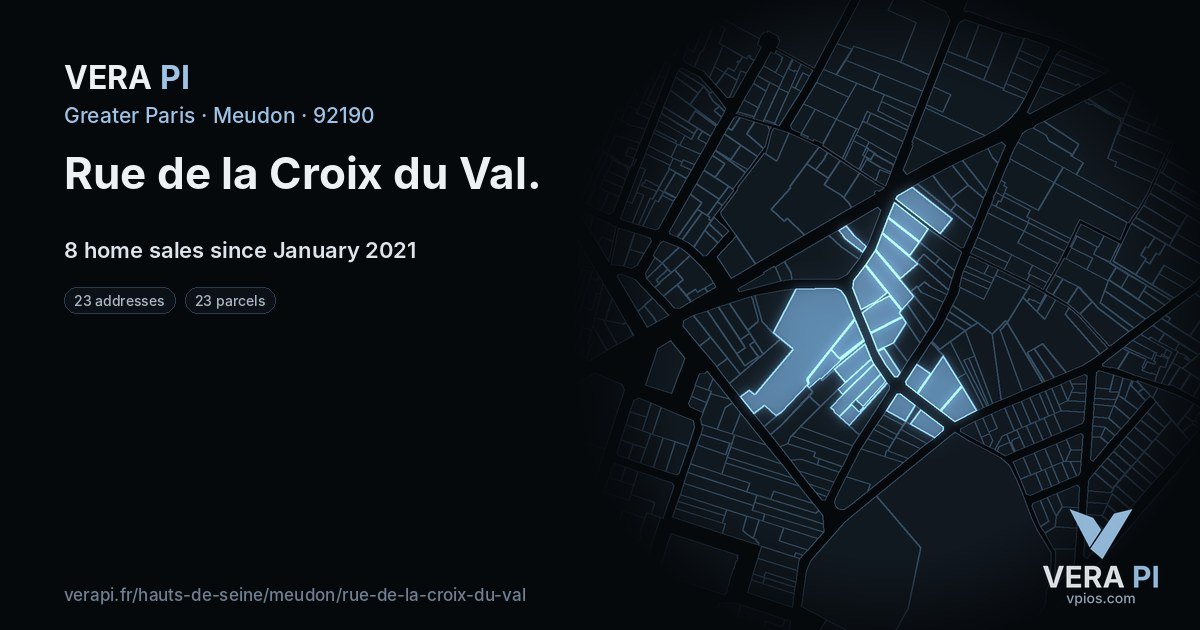 Rue de la Croix du Val, Meudon at night – every parcel coloured by the prices around it, the street's own parcels lit