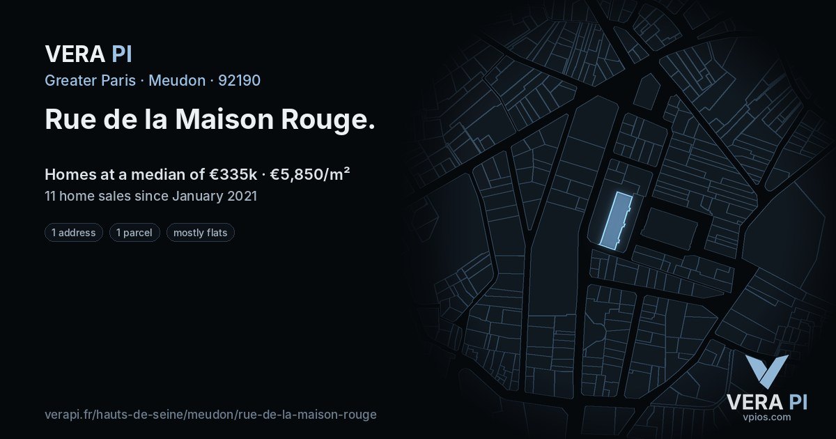 Rue de la Maison Rouge, Meudon at night – every parcel coloured by the prices around it, the street's own parcels lit