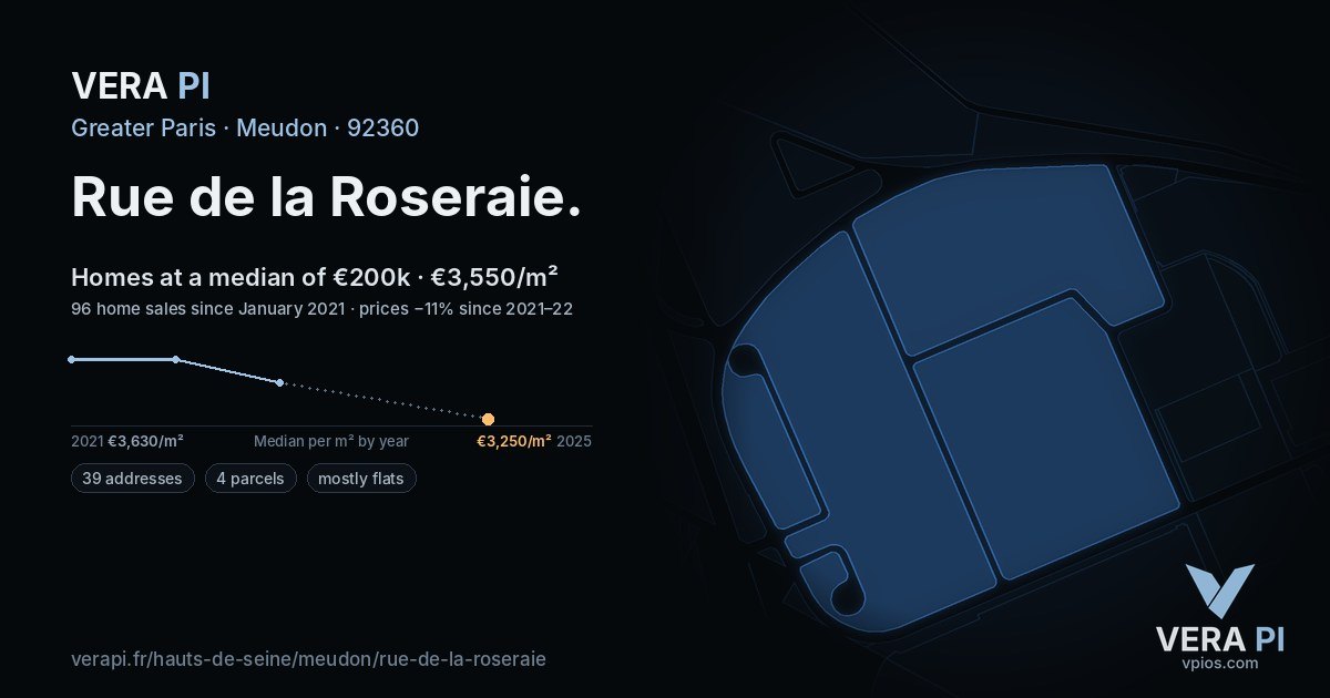Rue de la Roseraie, Meudon at night – every parcel coloured by the prices around it, the street's own parcels lit