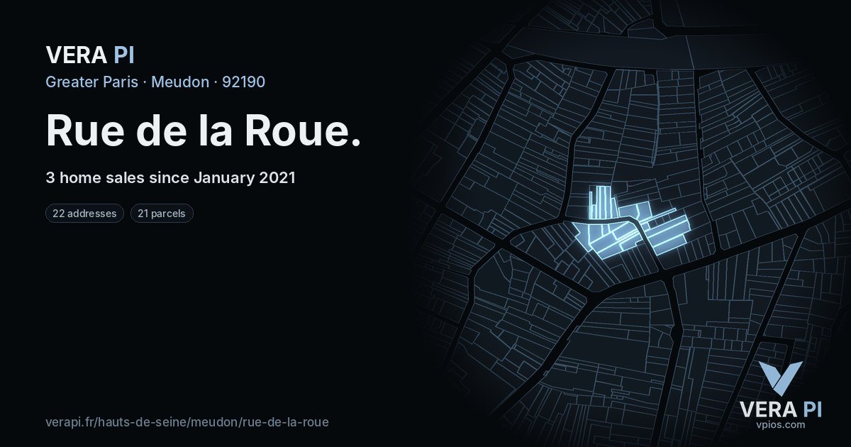 Rue de la Roue, Meudon at night – every parcel coloured by the prices around it, the street's own parcels lit