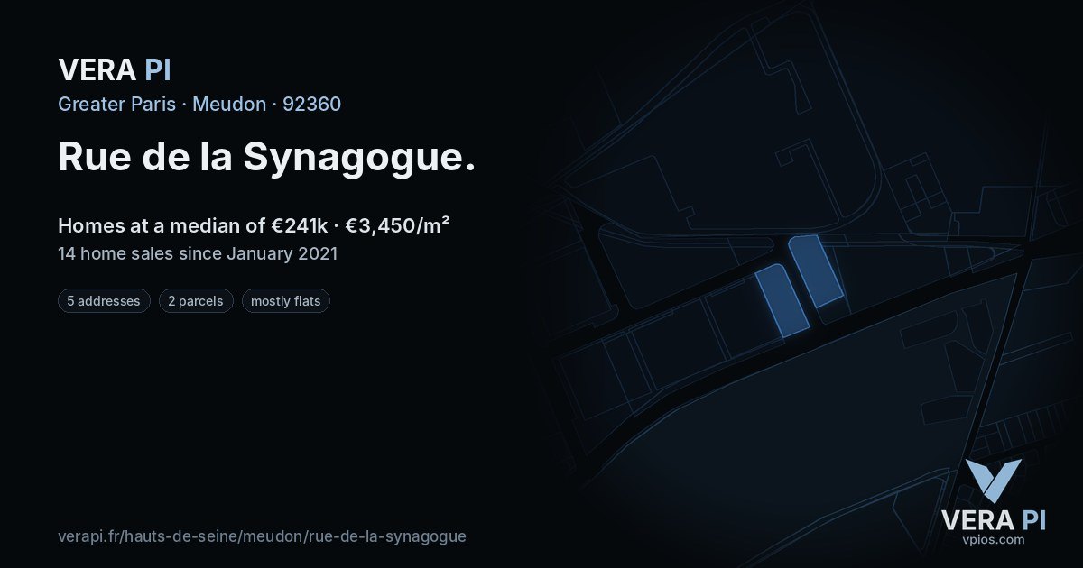 Rue de la Synagogue, Meudon at night – every parcel coloured by the prices around it, the street's own parcels lit