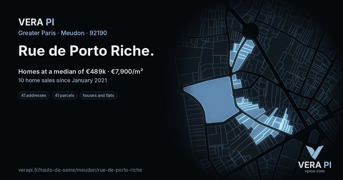 Rue de Porto Riche, Meudon at night – every parcel coloured by the prices around it, the street's own parcels lit