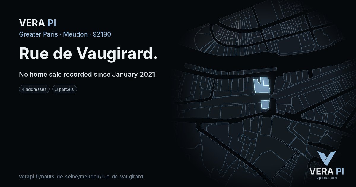 Rue de Vaugirard, Meudon at night – every parcel coloured by the prices around it, the street's own parcels lit