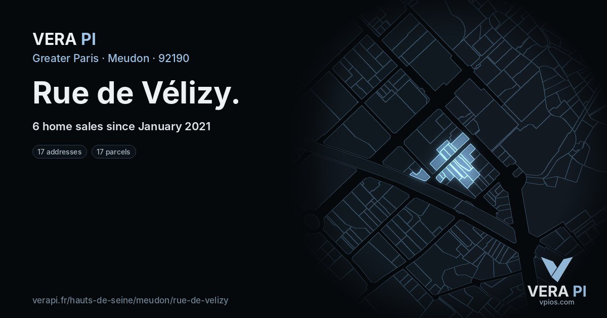 Rue de Vélizy, Meudon at night – every parcel coloured by the prices around it, the street's own parcels lit